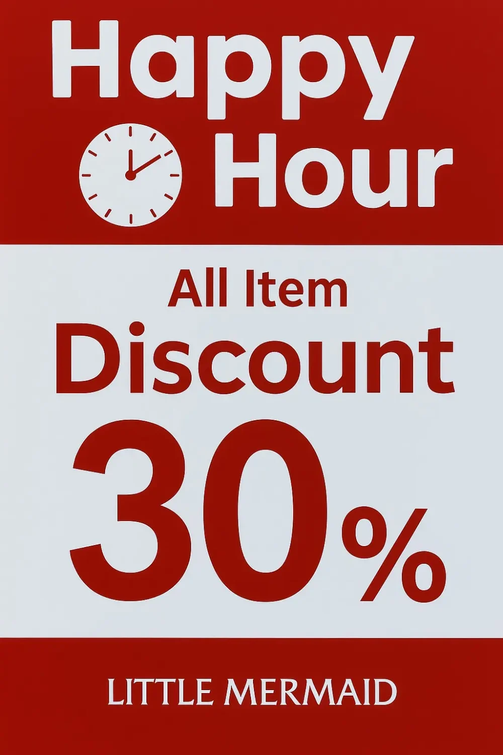 Little Mermaid's daily night sale promotion: 30% off from 19:00 to 21:00, and 50% off from 21:00 to 21:30.