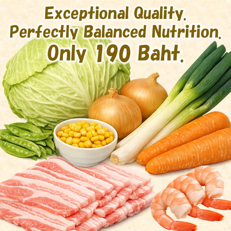 Promotional banner of Ringer Hut Thailand featuring fresh ingredients like cabbage, carrots, onions, pork, and shrimp with text Exceptional Quality. Perfectly Balanced Nutrition. Only 190 Baht.