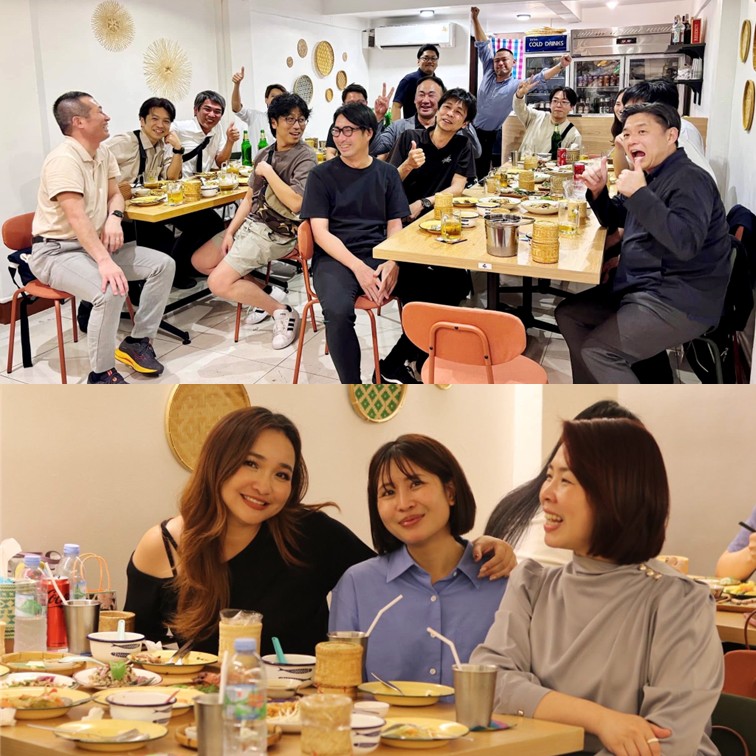 A two-photo collage showing happy customers dining at AT ISAN restaurant in Bangkok. The top photo highlights a large group of men enjoying a lively party and banquet dinner at long wooden tables, while the bottom photo shows a group of women smiling and relaxing over an authentic Isan meal in the clean, well-lit dining room. Reference filename: 10.jpg.