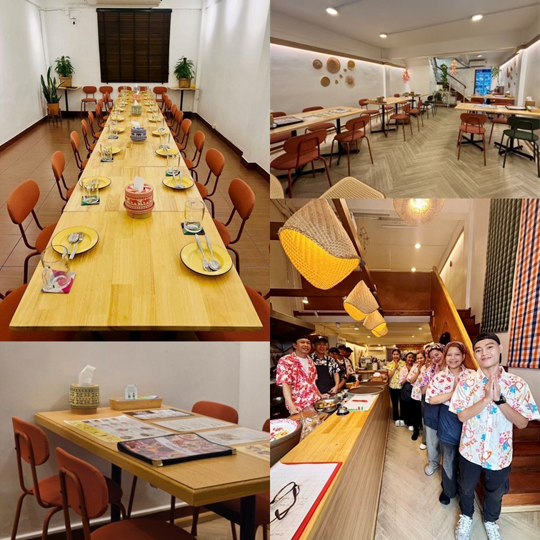 A collage of four photos showcasing the clean interior of AT ISAN restaurant in Bangkok. It highlights a long banquet table set for a party on the left, spacious dining areas on the upper right, a cozy table setting on the lower left, and a welcoming group of friendly restaurant staff smiling in uniform on the lower right. Reference filename: 2.jpg.