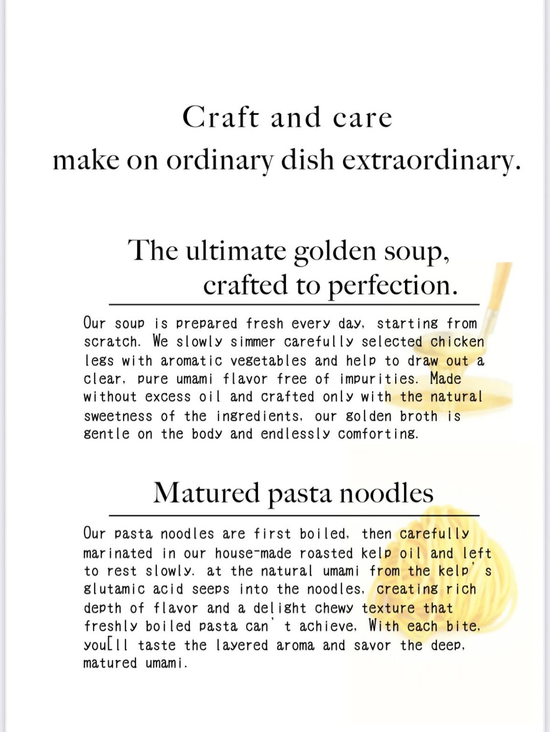 A clean promotional infographic graphic detailing the culinary concept of Thonglor Rumba in English text. It highlights 'The ultimate golden soup' explaining their fresh daily slow-simmered chicken and vegetable broth, and 'Matured pasta noodles' describing their unique technique of marinating pasta in house-made roasted kelp oil to infuse deep umami and layered aroma. Reference filename: rumba-10-1.jpg.