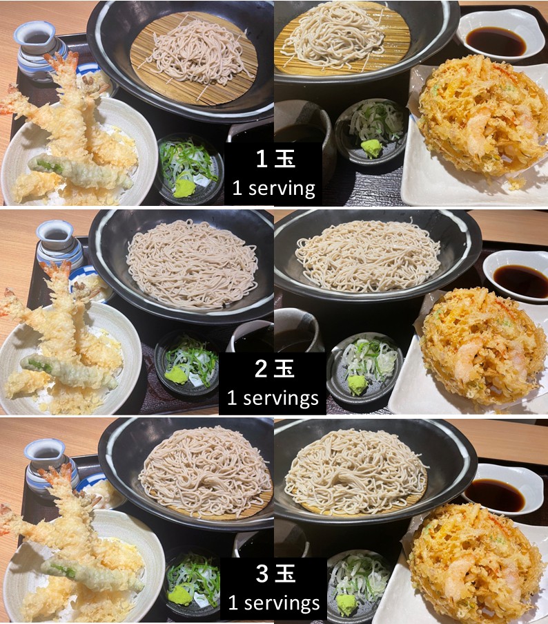 A visual comparison collage illustrating the "Up to 3 Servings at the Same Price" noodle portion system at Kisoba Azuma (Kisoba Azuma) Sukhumvit 49 in Thonglor, Bangkok. The top row shows a standard 1-serving portion of cold soba paired with tempura rice bowls and kakiage; the middle row displays 2 servings; and the bottom row features a massive 3-serving portion, highlighting the generous free portion upsize policy. Reference filename: kisoba-azuma-skv49-10.jpg.