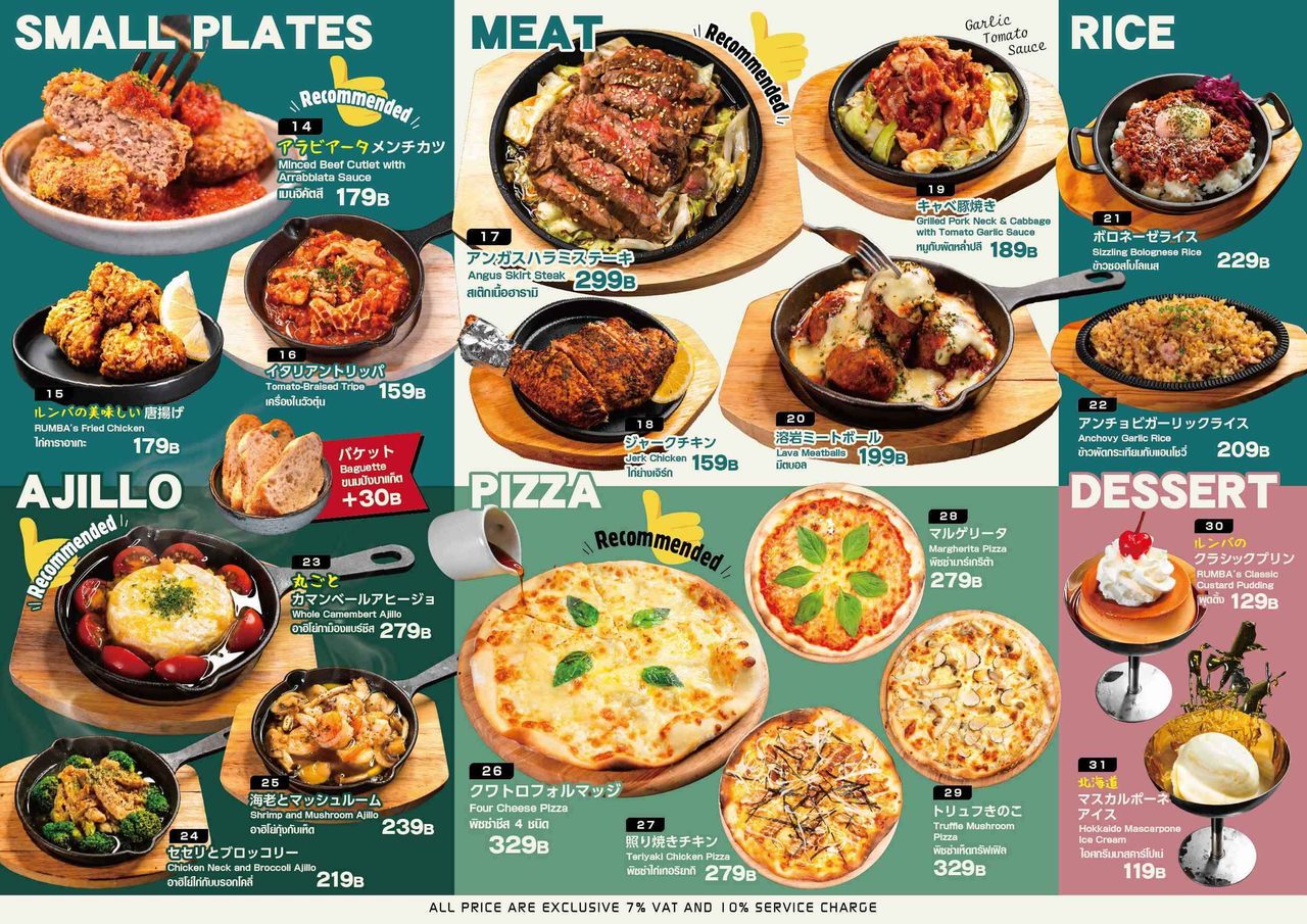 A detailed menu poster showcasing various categories of dishes at Thonglor Rumba in Thonglor Soi 13, Bangkok. It features small plates and meat dishes like Minced Beef Cutlet with Arrabbiata Sauce (179B) and Angus Skirt Steak (299B), ajillo options, pizzas such as Margherita (279B) and Four Cheese Pizza (329B), rice dishes like Anchovy Garlic Rice (209B), and desserts including Rumba's Classic Custard Pudding (129B) with prices and food photos. Reference filename: rumba-2026-09-14-2.jpg.