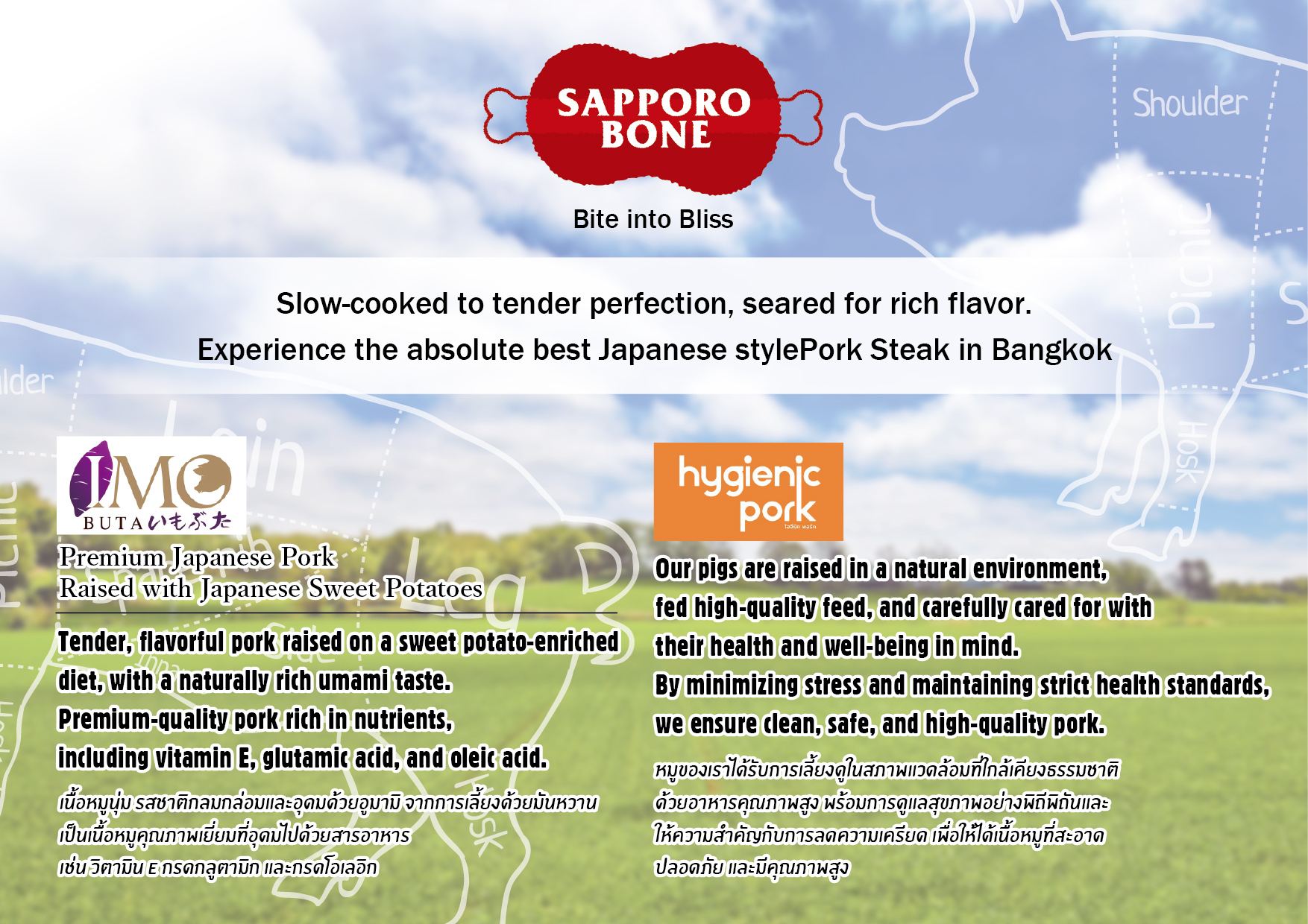 Concept banner for SAPPORO BONE at CentralWorld 6th floor in Bangkok, highlighting their commitment to premium pork quality with the tagline "Bite into Bliss: Slow-cooked to tender perfection, seared for rich flavor." The image details two signature pork varieties in English and Thai: "IMO BUTA" (Premium Japanese Pork raised with sweet potatoes, rich in umami, vitamin E, glutamic acid, and oleic acid) and "hygienic pork" (raised in a natural, low-stress environment under strict health standards). File name: Sapporo-bone-02.jpg