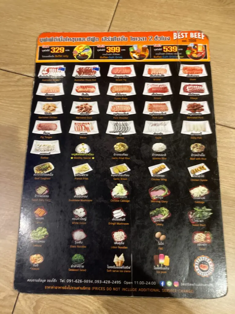 Best Beef Sukhumvit メニュー表(食べ放題プラン一覧)