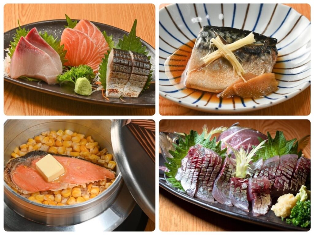 刺身盛り合わせ、鯖の煮付け、鮭とコーンの釜飯、炙り魚の料理4種
