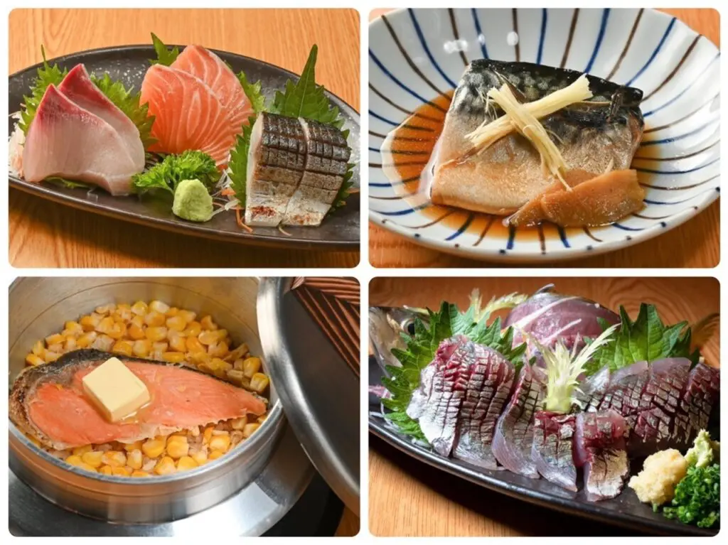 刺身盛り合わせ、鯖の煮付け、鮭とコーンの釜飯、炙り魚の料理4種