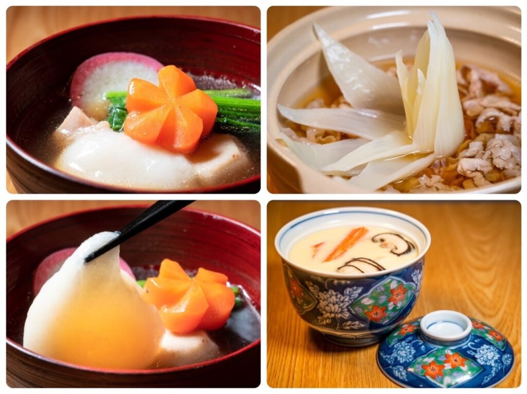 雑煮や茶わん蒸しや煮物の画像