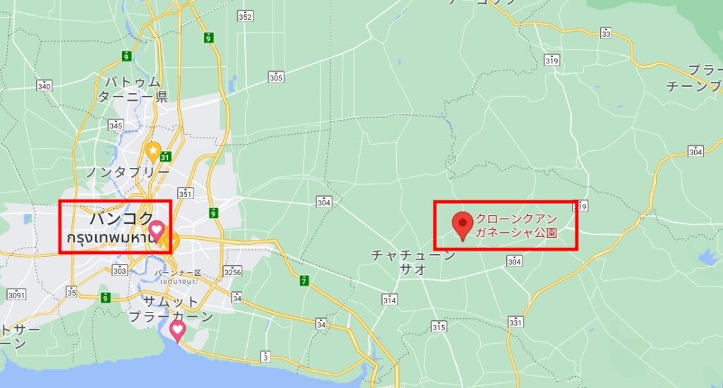 : バンコク中心部からチャチュンサオの巨大ガネーシャ公園へのルートを示す地図