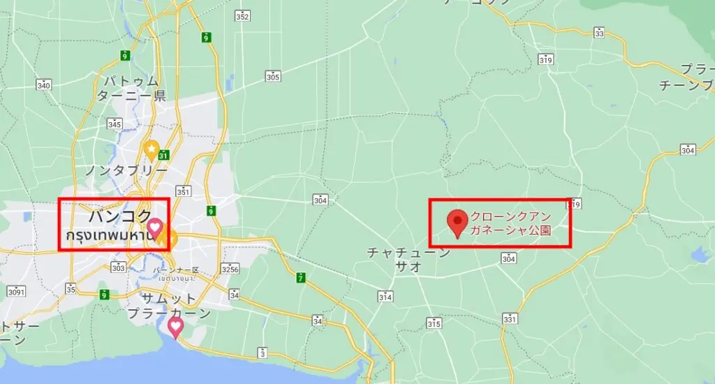 : バンコク中心部からチャチュンサオの巨大ガネーシャ公園へのルートを示す地図