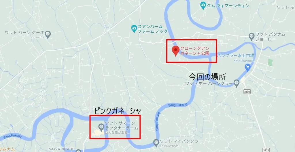 ピンクガネーシャの寺院から巨大ガネーシャ公園までのルート地図