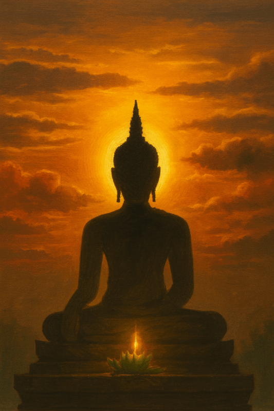 夕日をバックに鎮座する大仏。オークパンサーを象徴する画像。