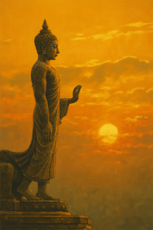 夕暮れ時にうつる仏像の立った姿。オークパンサーを象徴する素敵な描写