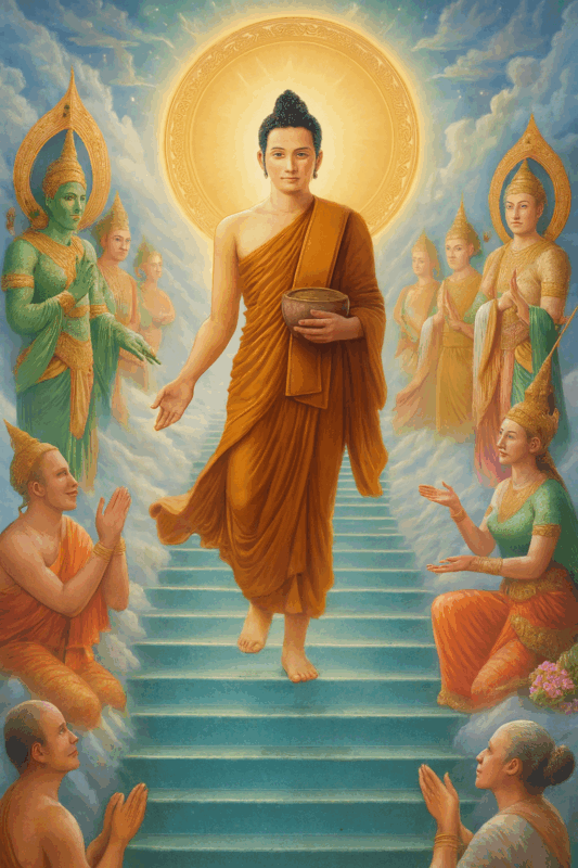 中央には光輪に包まれた仏陀が、苔むした石の上に座し、両手をアバヤ・ムドラー（恐れを除く印）で掲げています

背景には竹林と深い森が広がり、空は夕暮れの金色から深緑へとグラデーション

手前には僧侶たちが整列して座り、仏陀の教えに耳を傾ける姿勢

地面には灯された油ランプが置かれ、柔らかな光が僧侶の顔や衣に反射

色彩はサフランオレンジの法衣と緑の自然が調和し、静けさと温かさを演出