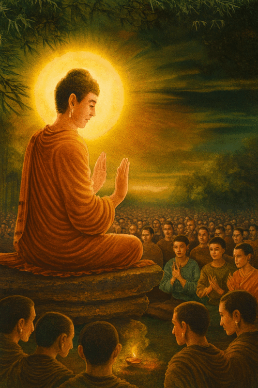 中央には光輪に包まれた仏陀が、苔むした石の上に座し、両手をアバヤ・ムドラー（恐れを除く印）で掲げています

背景には竹林と深い森が広がり、空は夕暮れの金色から深緑へとグラデーション

手前には僧侶たちが整列して座り、仏陀の教えに耳を傾ける姿勢

地面には灯された油ランプが置かれ、柔らかな光が僧侶の顔や衣に反射

色彩はサフランオレンジの法衣と緑の自然が調和し、静けさと温かさを演出