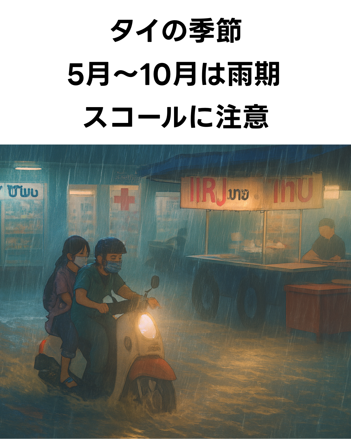 タイの雨季の交通安全を呼びかける画像。「タイの季節 5月〜10月は雨期 スコールに注意」というテキストと、豪雨で冠水した道をバイクで走る人物の写真。