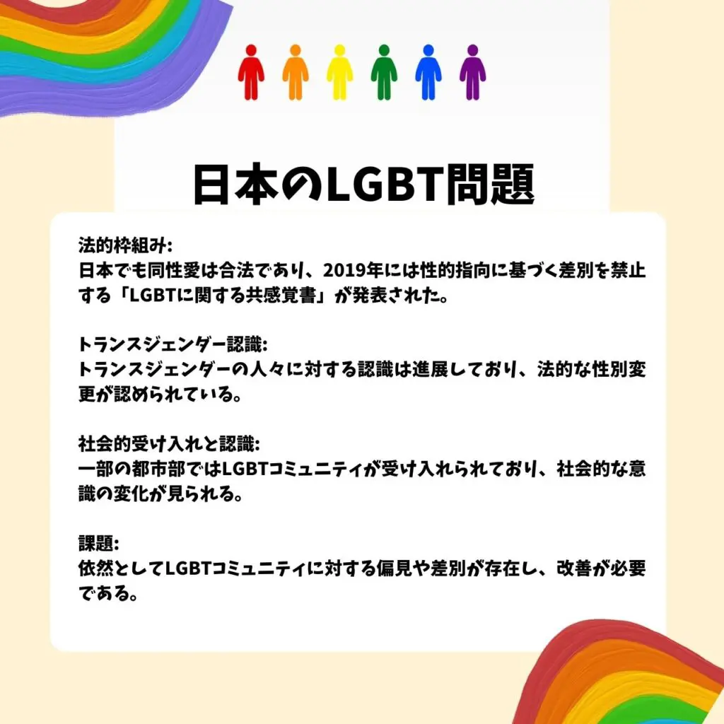 法的枠組み:
日本でも同性愛は合法であり、2019年には性的指向に基づく差別を禁止する「LGBTに関する共感覚書」が発表された。
トランスジェンダー認識:
トランスジェンダーの人々に対する認識は進展しており、法的な性別変更が認められている。
社会的受け入れと認識:
一部の都市部ではLGBTコミュニティが受け入れられており、社会的な意識の変化が見られる。
課題:
依然としてLGBTコミュニティに対する偏見や差別が存在し、改善が必要である。