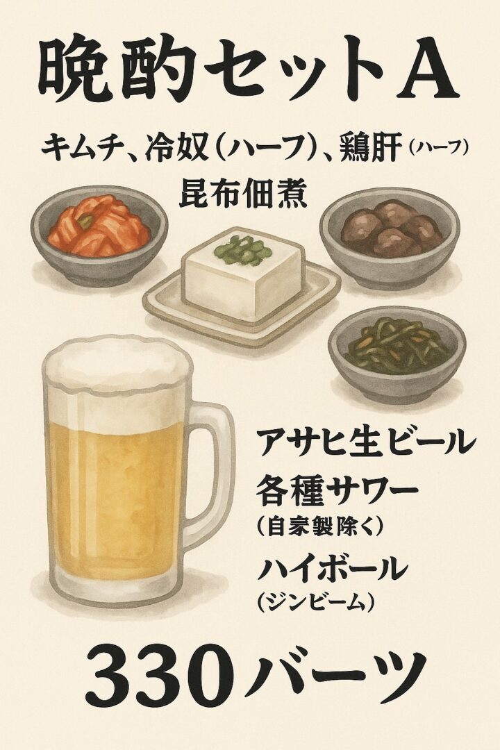 晩酌セットA（キムチ、冷奴、鶏肝、昆布佃煮、ドリンク付き）330バーツ