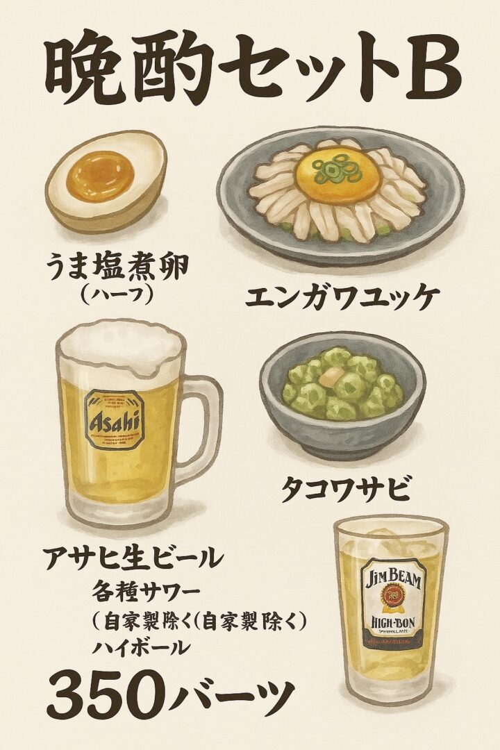 晩酌セットB（うま塩煮卵、エンガワユッケ、タコワサビ、ドリンク付き）350バーツ