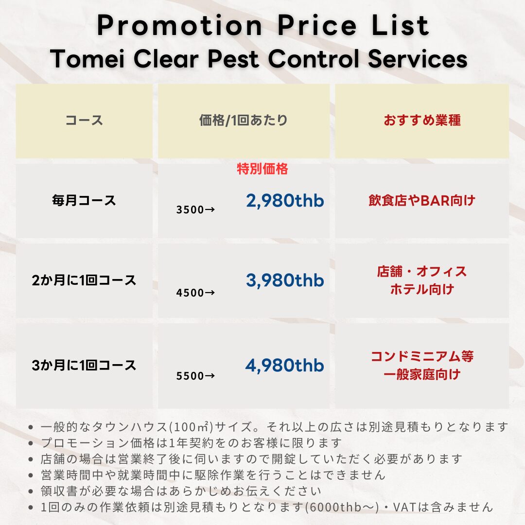 バンコクの害虫駆除の価格
毎月のご利用で１か月2980バーツ
２か月に１回のご利用で3980バーツ/１回
３か月に１回のご利用で4980バーツ/１回あたりです。

飲食店、クリニック、美容院、サロン、エステや一般家庭もご利用可能です。
さらにマイクロカプセル製剤を使用するのでペットやお子様のいる家庭でも安心してご利用になれます。