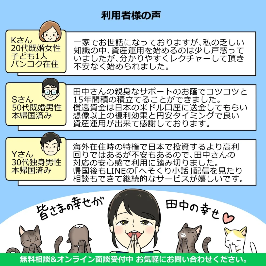 利用者の声

Kさん
20代既婚女性 子ども1人
バンコク在住

利用者様の声
一家でお世話になっておりますが、私の乏しい 知識の中、資産運用を始めるのは少し戸惑って いましたが、 分かりやすくレクチャーして頂き 不安なく始められました。

Sさん
50代既婚男性 本帰国済み
田中さんの親身なサポートのお蔭でコツコツと 15年間積の積立てることができました。 償還資金は日本の米ドル口座に送金してもらい 想像以上の複利効果と円安タイミングで良い 資産運用が出来て感謝しております。

Yさん
30代独身男性 本帰国済み
海外在住時の特権で日本で投資するより高利 回りではあるが不安もあるので、田中さんの 対応の安心感で利用に踏み切りました。
帰国後もLINEの「へそくり小話」配信を見たり 相談もできて継続的なサービスが嬉しいです。