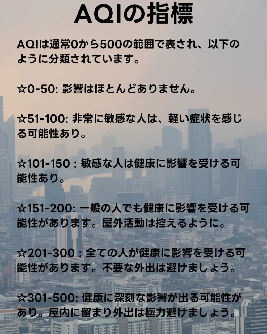 AQIの指標について 数値が高い程大気汚染が酷いことを説明。