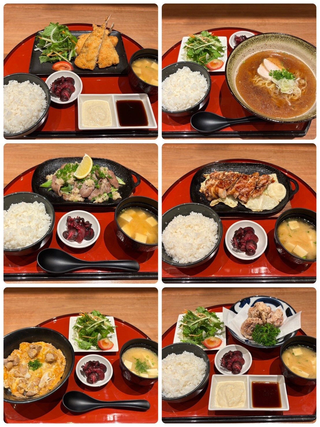 🇯🇵：あそび邸の定食6種（海老フライ・ラーメン・焼肉・焼き魚・親子丼・唐揚げ）

🇬🇧：Six Teishoku Sets from Asobitei – Fried Shrimp, Ramen, Grilled Meat, Fish, Oyakodon, Karaage

🇹🇭：ชุดอาหารญี่ปุ่น 6 รายการจากร้าน Asobitei – กุ้งทอด ราเมน เนื้อย่าง ปลา ข้าวหน้าไก่ ไก่ทอด