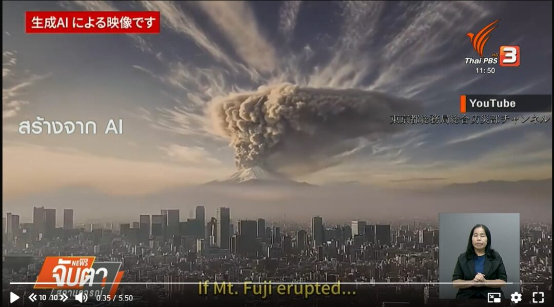 ニュース画面のスクリーンショット。噴火する富士山が、火山灰の雲を立ち上らせている。手前には東京の街並みが広がり、左上には「生成AIによる映像です」と書かれている。