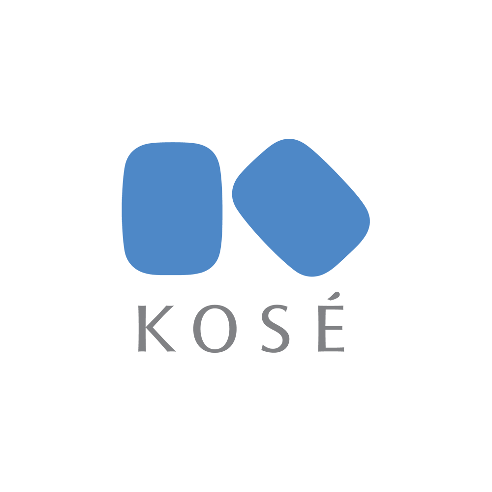 KOSEのロゴマーク。白背景に青い二つのシンボルと「KOSÉ」の文字。