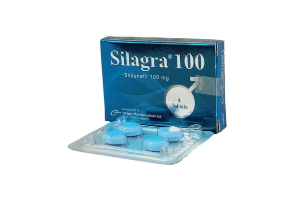 青い錠剤とシラグラ100mgの箱