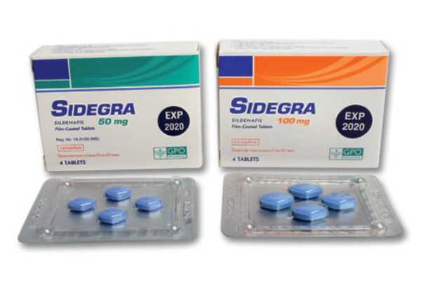 青い錠剤とシデグラ50mg・100mgのパッケージ