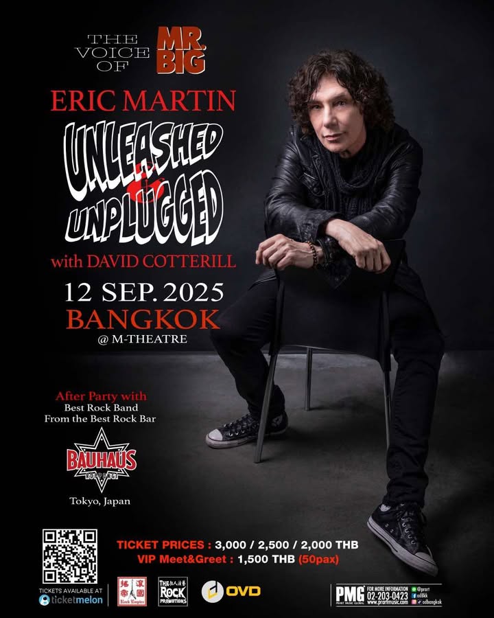 MR. BIGのボーカリスト、エリック・マーティンが2025年9月12日にバンコクのM Theatreでアコースティックライブを開催。スペシャルゲストにデーモンのデイヴィッド・コッテリル。