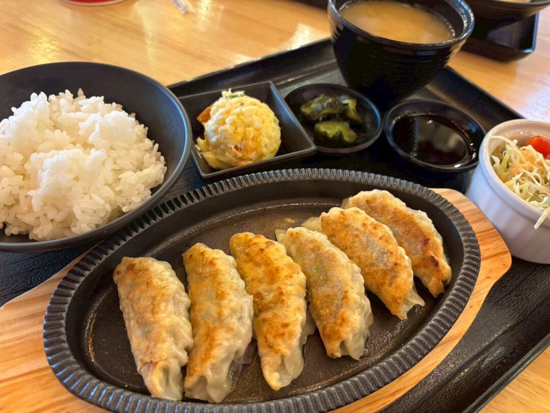鉄板に乗った餃子定食。餃子、ご飯、味噌汁、サラダ、ポテトサラダがトレーに並んでいる。