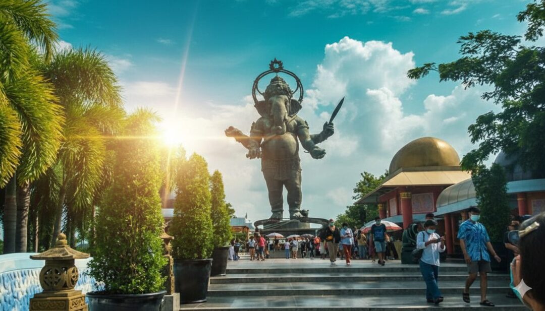 夕日のような強い光が差し込む中、タイ・チャチュンサオ県のガネーシャ公園にそびえ立つ巨大なガネーシャの立像。多くの参拝客が行き交い、周囲にはヤシの木や金色に輝くドームが見える。