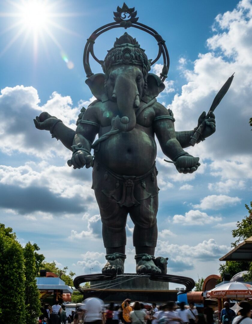 チャチュンサオ県のガネーシャ公園に立つ、巨大な青銅製のガネーシャ立像。像の足元には多くの観光客がおり、その巨大さが分かる。