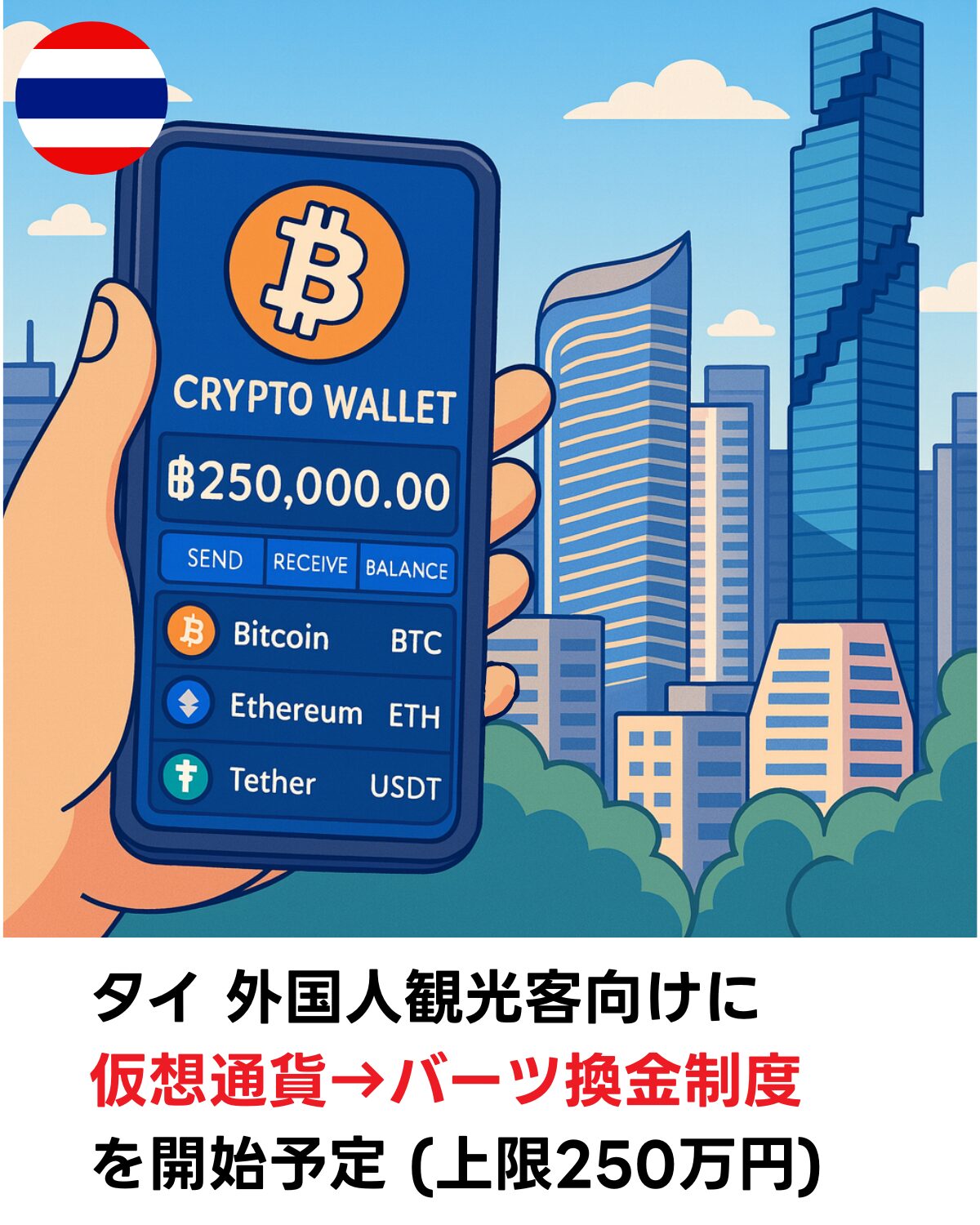 バンコクの高層ビル群を背景に、仮想通貨ウォレットを表示するスマートフォンを持つイラスト。タイ政府が外国人観光客向けに仮想通貨→バーツ換金制度を開始予定と知らせる告知画像。