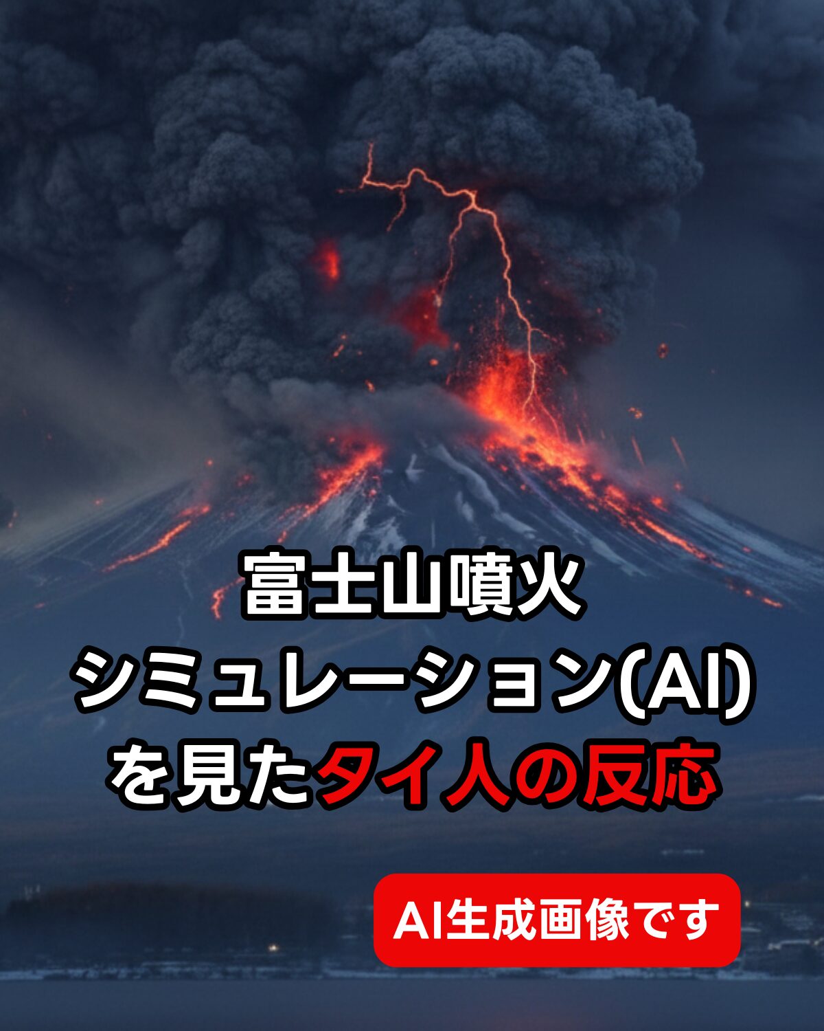 富士山噴火シミュレーション(AI)を見たタイ人の反応」というタイトルが書かれた、噴火する富士山の画像。