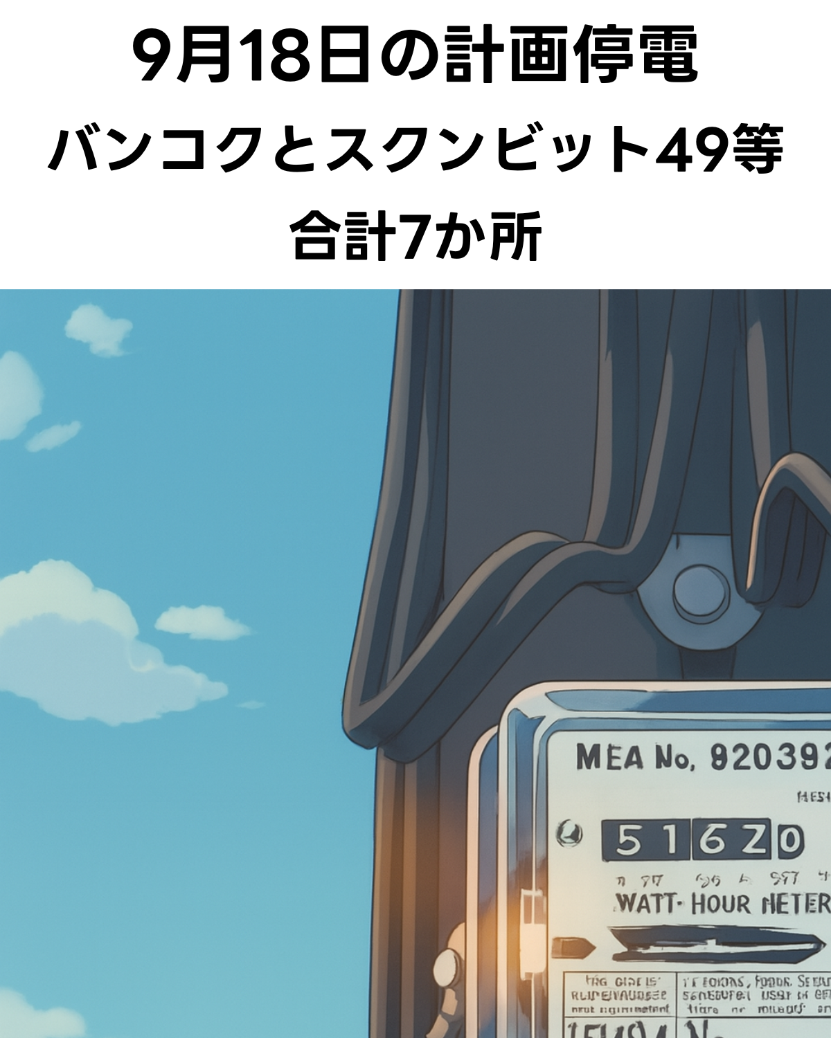 2025年9月18日のバンコク計画停電を示す縦型画像。上部に「9月18日の計画停電 バンコクとスクンビット49等 合計7か所」というテキストがあり、下部には空を背景にMEAの電力メーターが写っている。