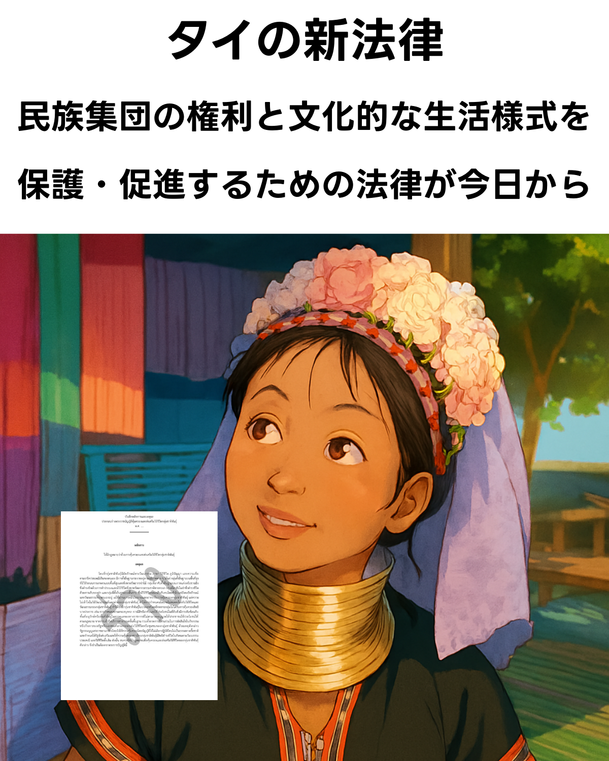 首に真鍮のリングを巻いたカレン族の女性のイラスト、前面にタイの法律文書の1ページ目、上部に「タイの新法律 民族集団の権利と文化的な生活様式を 保護・促進するための法律が今日から」のテキスト