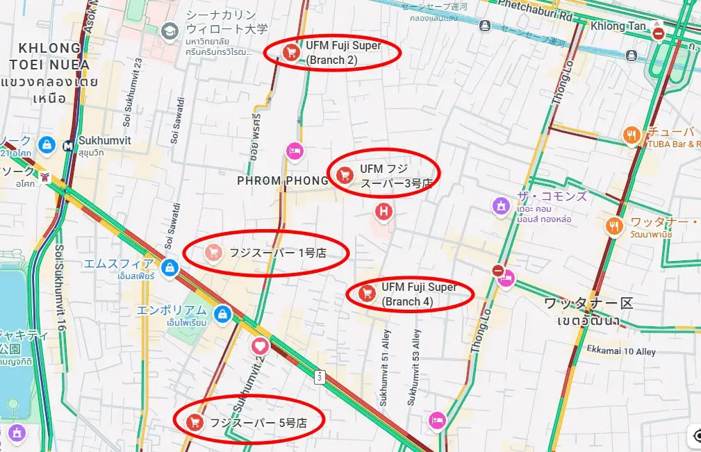 フジスーパー5店舗の場所を示す画像