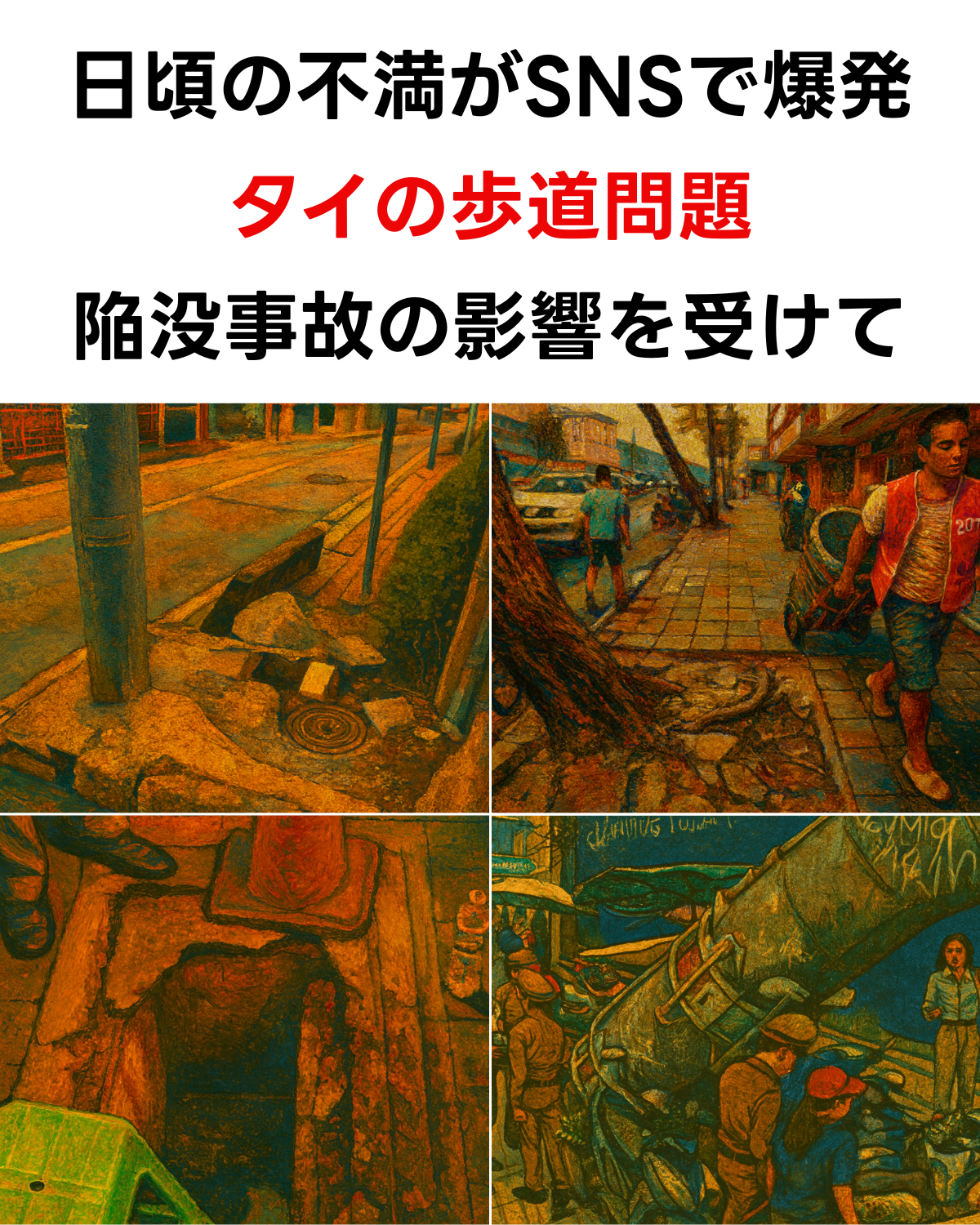 「日頃の不満がSNSで爆発 タイの歩道問題 陥没事故の影響を受けて」というテキストと、バンコクの壊れた歩道や工事現場のイラストを組み合わせた縦長サムネイル画像。