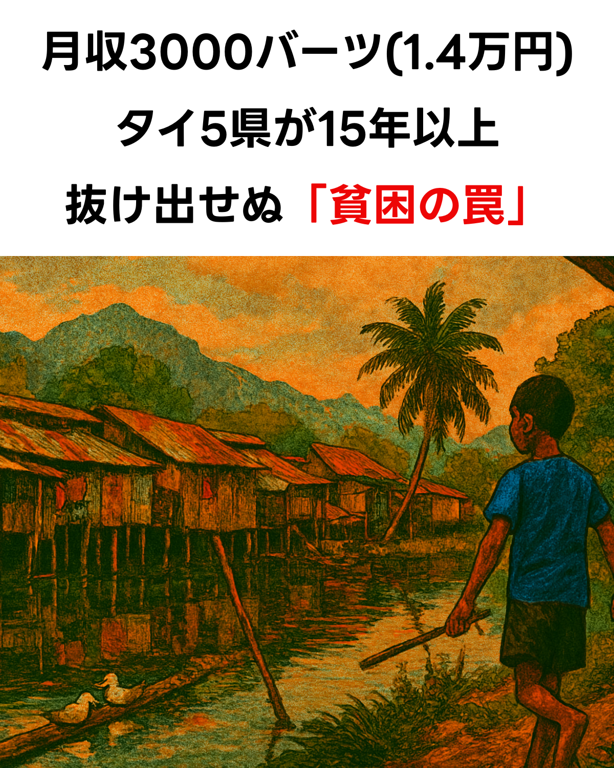 貧困に苦しむタイの地方の村。水上に立つ質素な家々と、棒を持って歩く子供の姿。上部に「月収3000バーツ(1.4万円) タイ5県が15年以上 抜け出せぬ『貧困の罠』」のテキスト。
