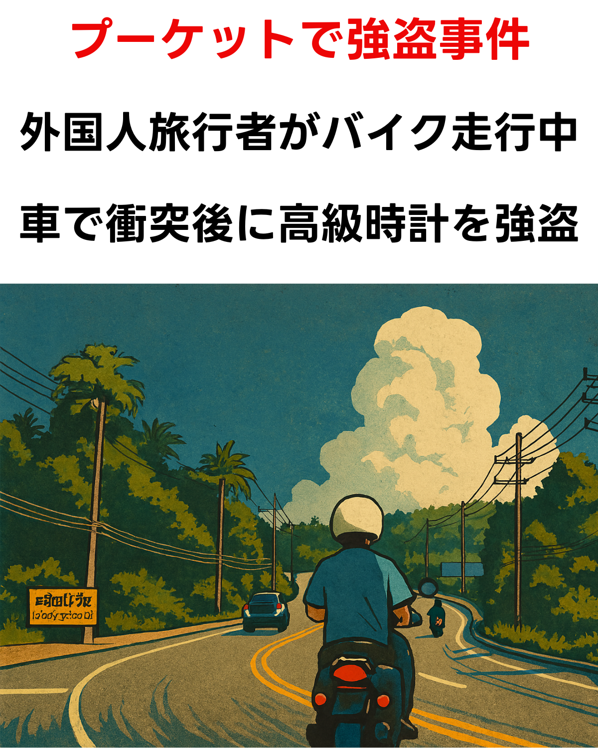 プーケットの道路をバイクで走行する人物の後ろ姿、上部に「プーケットで強盗事件 外国人旅行者がバイク走行中 車で衝突後に高級時計を強奪」のテキスト
