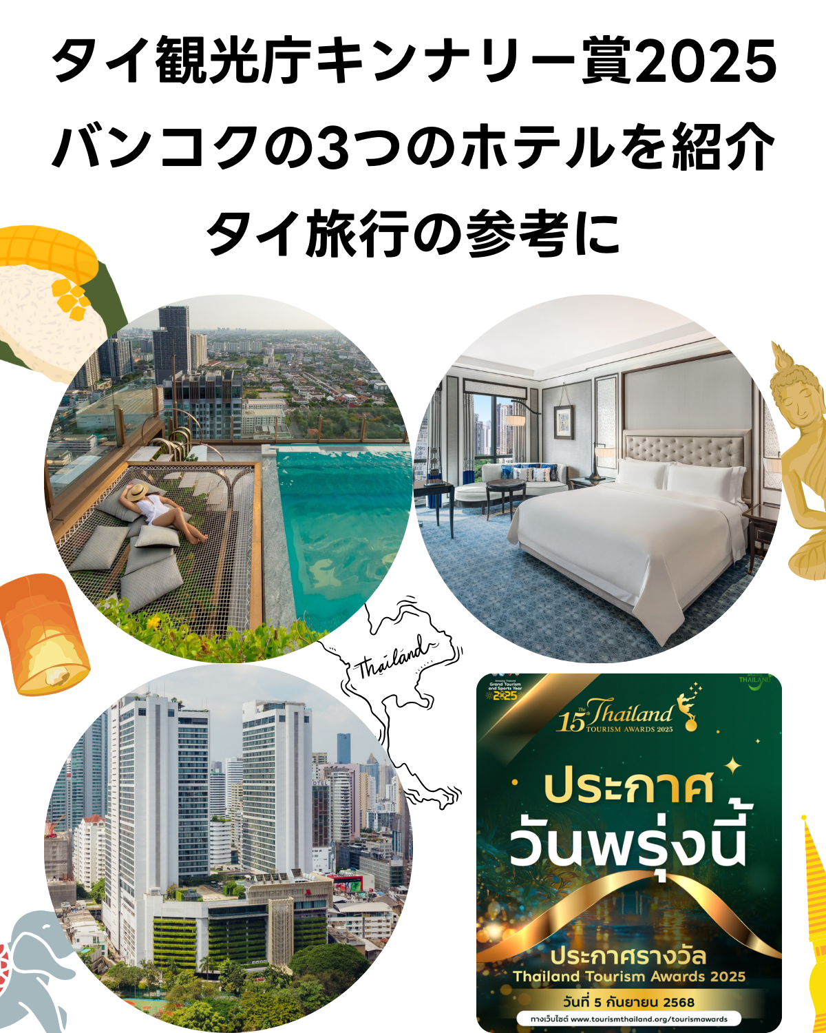 タイ観光庁キンナリー賞2025を受賞したバンコクの3つのホテルを紹介する記事の縦型サムネイル。タイトル「タイ観光庁キンナリー賞2025 バンコクの3つのホテルを紹介 タイ旅行の参考に」と、受賞ホテルの写真（ルーフトッププール、豪華な客室、外観）がレイアウトされている。タイの地図と伝統的なイラストも配置。
