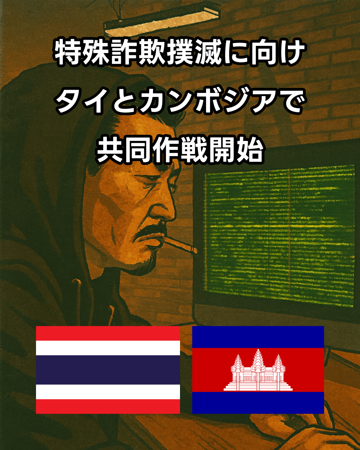特殊詐欺対策を行うハッカー風の人物とタイ・カンボジア国旗、共同作戦開始のタイトル