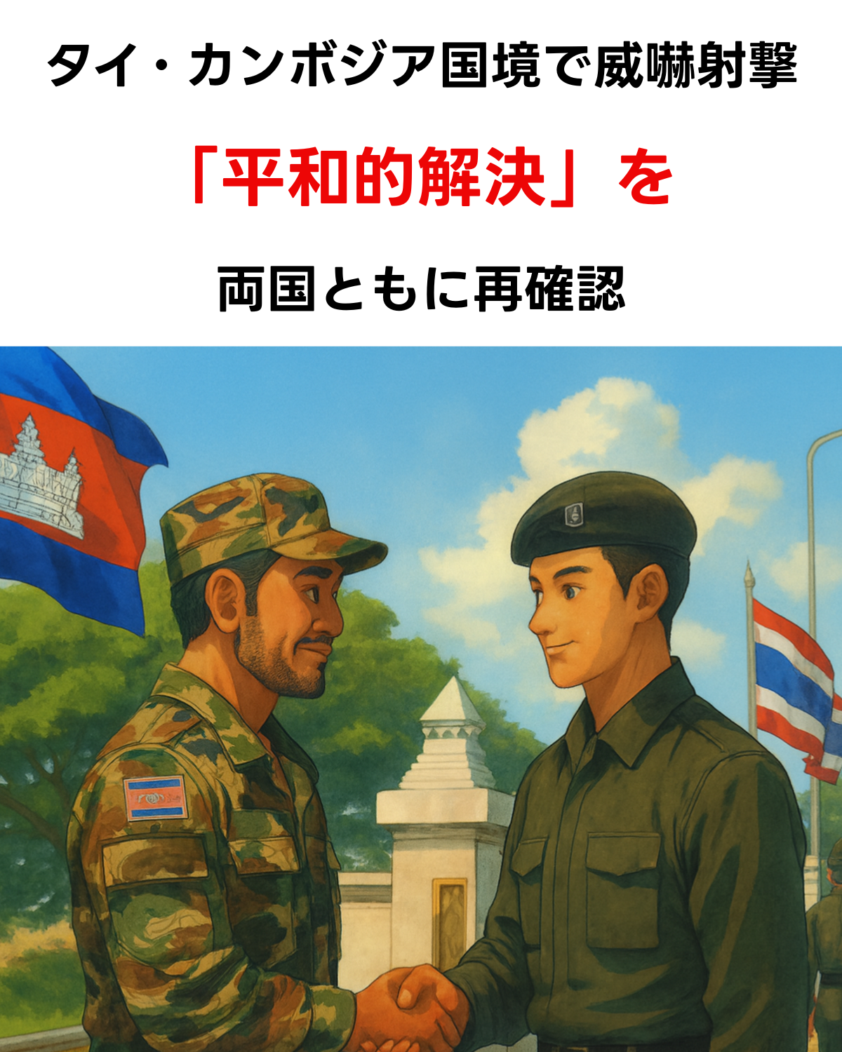 タイとカンボジアの兵士が国境で握手するイラスト。「タイ・カンボジア国境で威嚇射撃、『平和的解決』を両国ともに再確認」というテキストが記載されている。