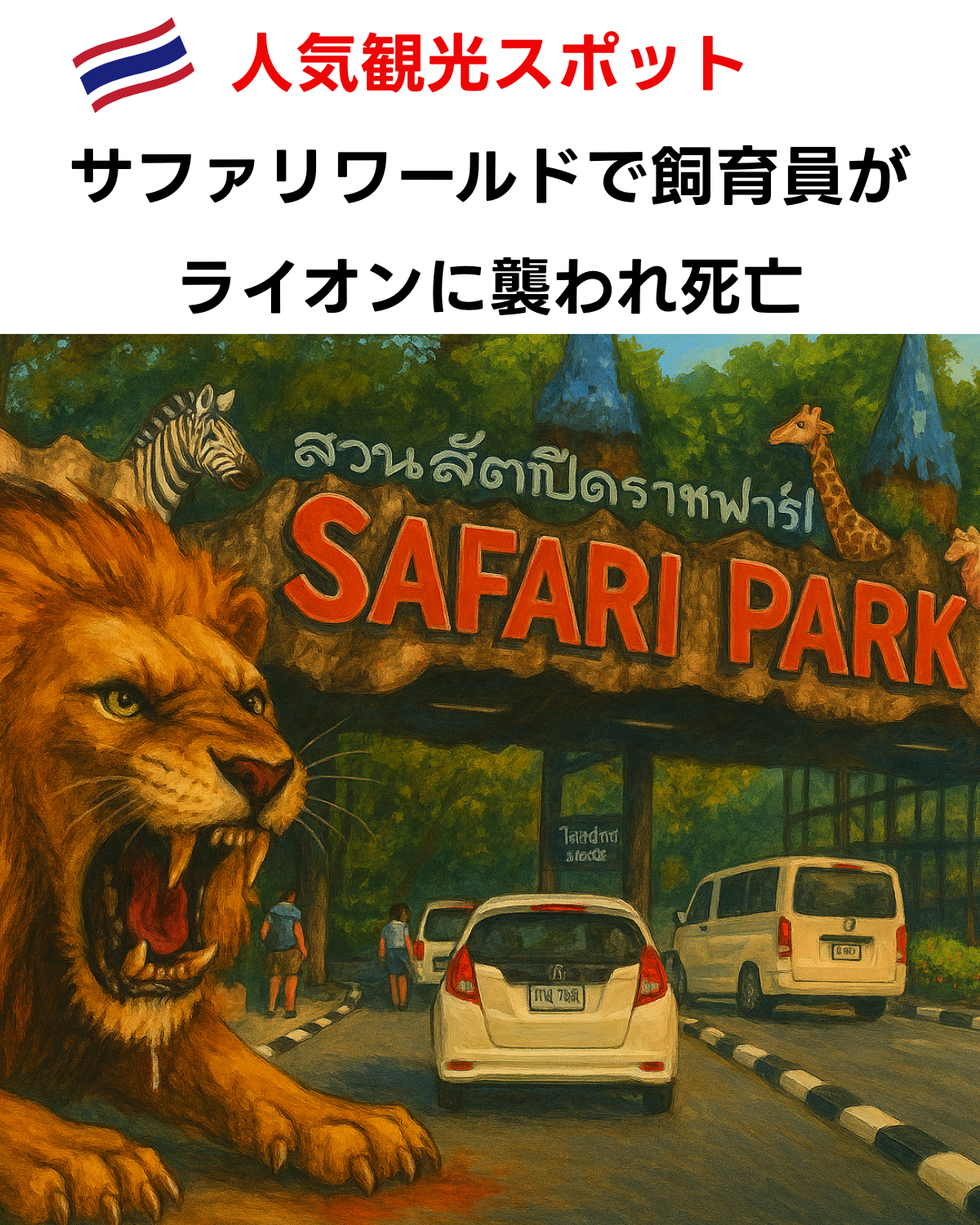 タイ国旗と「人気観光スポット サファリワールドで飼育員がライオンに襲われ死亡」の文字が上部に表示された縦型サムネイル。画像下半分には、咆哮するライオンとサファリパークの入り口ゲート、車が描かれている。