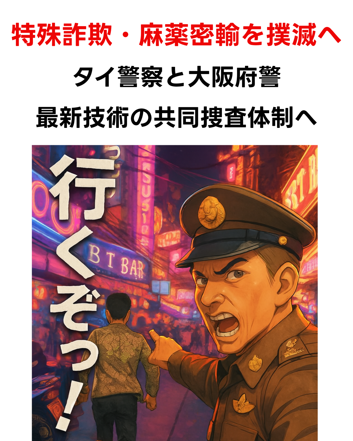 特殊詐欺と麻薬密輸の撲滅に向け連携するタイ警察と大阪府警をテーマにした画像。タイの警察官が犯人を追うイラストに、記事タイトルが記載されている。