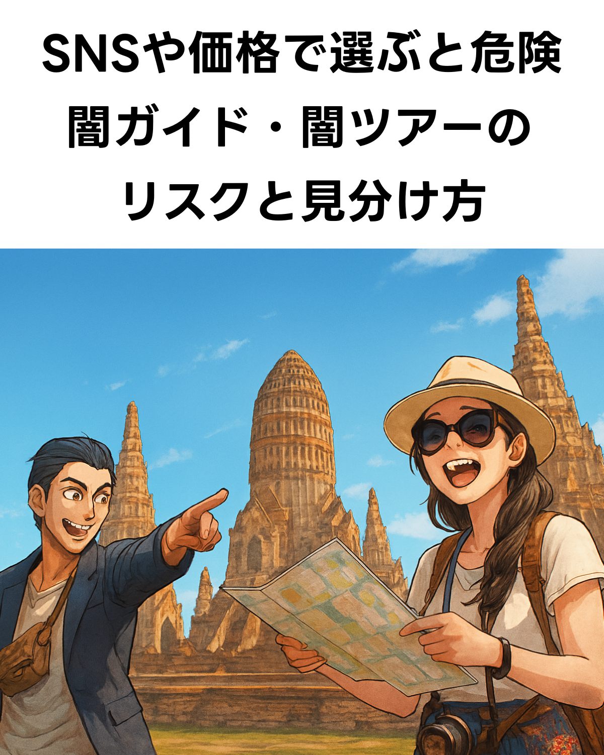 タイ旅行での危険を警告する画像。「SNSや価格で選ぶと危険 闇ガイド・闇ツアーのリスクと見分け方」という見出しと、アユタヤ遺跡で地図を見る女性と案内する男性のイラスト。