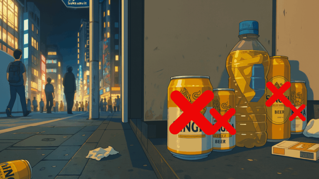 タイの夜の路上に置かれたアルコール飲料（ビール缶、ボトル）にバツ印が重なり、背景には人々が行き交う街並みが描かれている